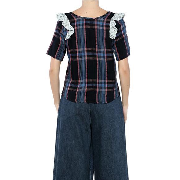 ACE & JIG Fiddle top plaid ruffle shoulder reversible blouse in River Size M - Picture 5 of 12